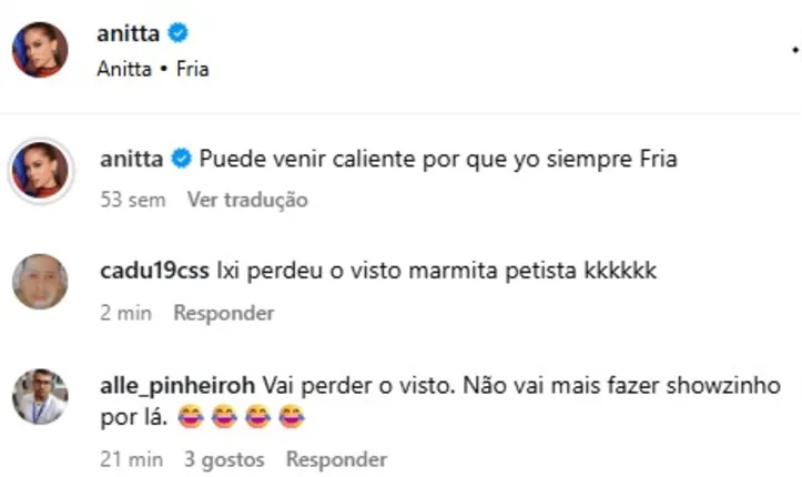 Imagem ilustrativa da imagem "Marmita petista", disparam bolsonaristas sobre Anitta