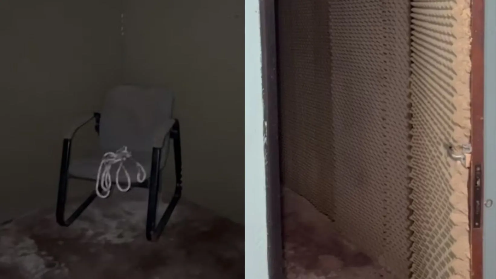 Cadeira com corda e uma porta com isolamento acústico foram descobertas no local