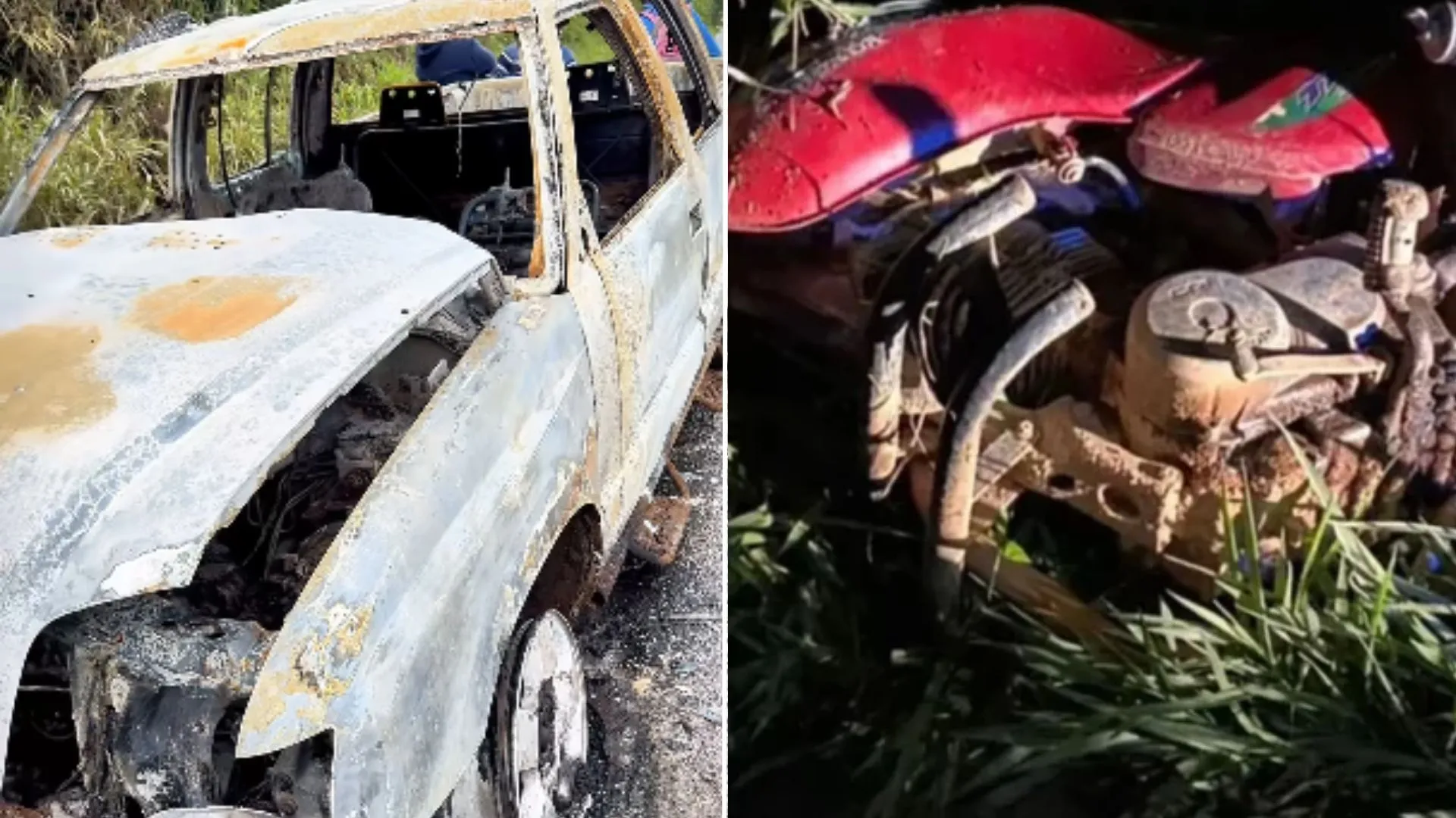Caminhonete foi incendiada pela população e motocicleta ficou destruída na batida