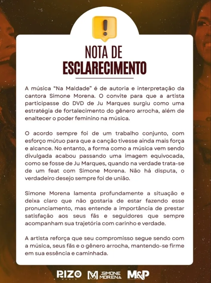 Nota publicada no Instagram da cantora