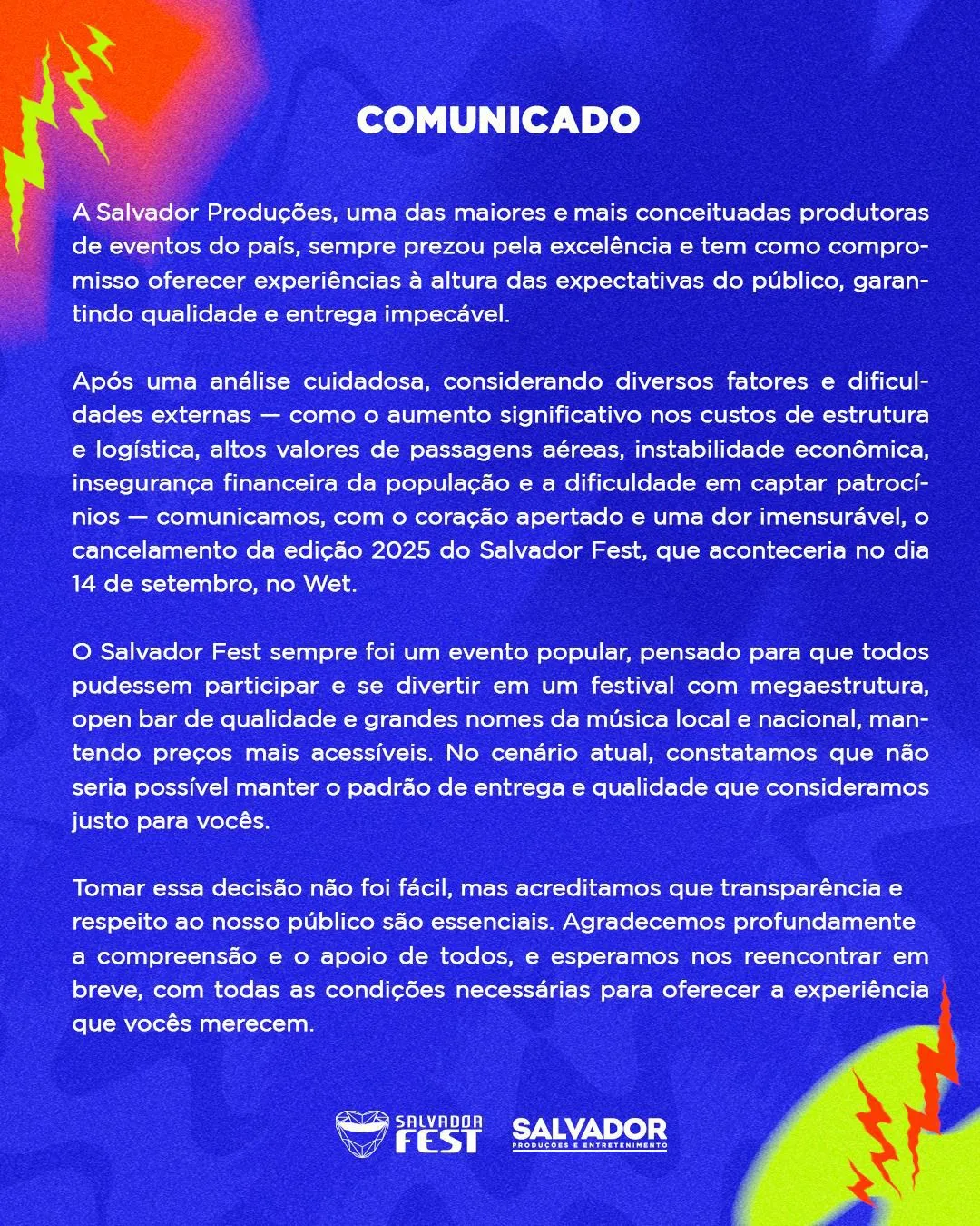Imagem ilustrativa da imagem Urgente! Salvador Fest 2025 é cancelado