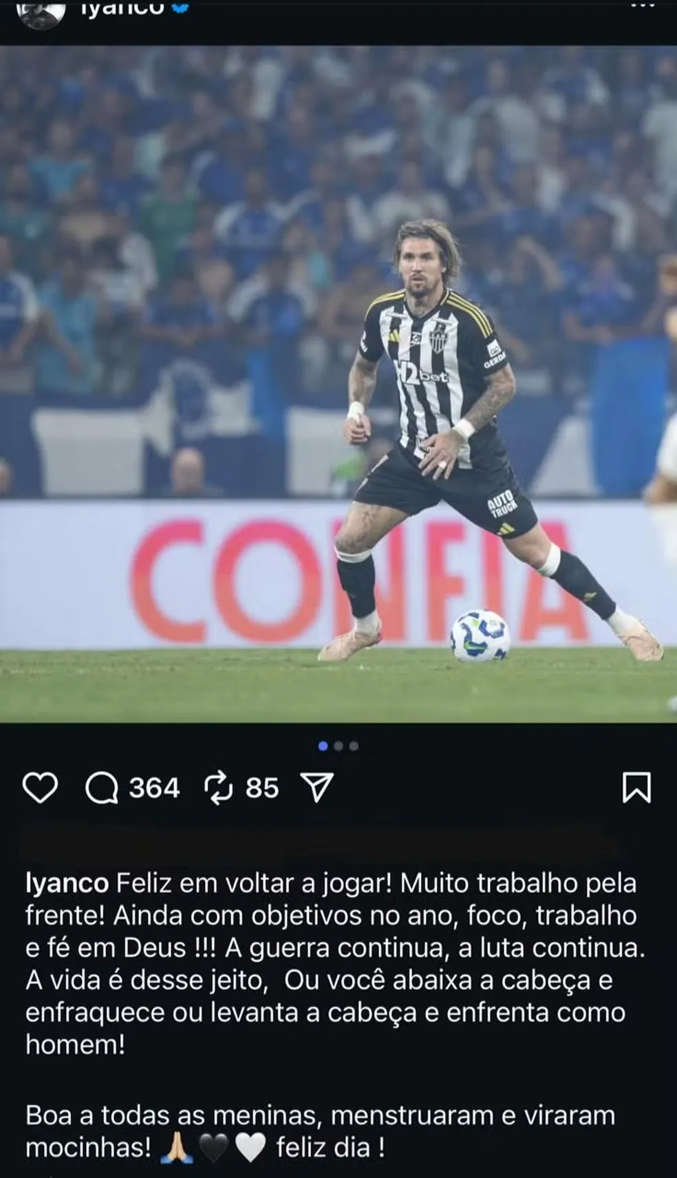 Publicação feita por Lyanco depois da eliminação