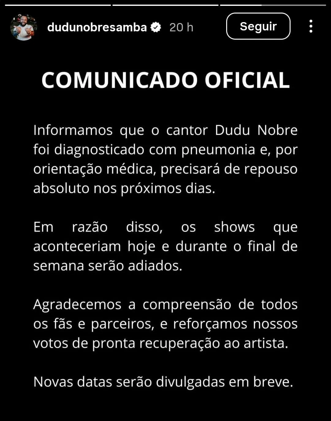 Imagem ilustrativa da imagem Após ser internado, Dudu Nobre tem agenda de shows cancelada
