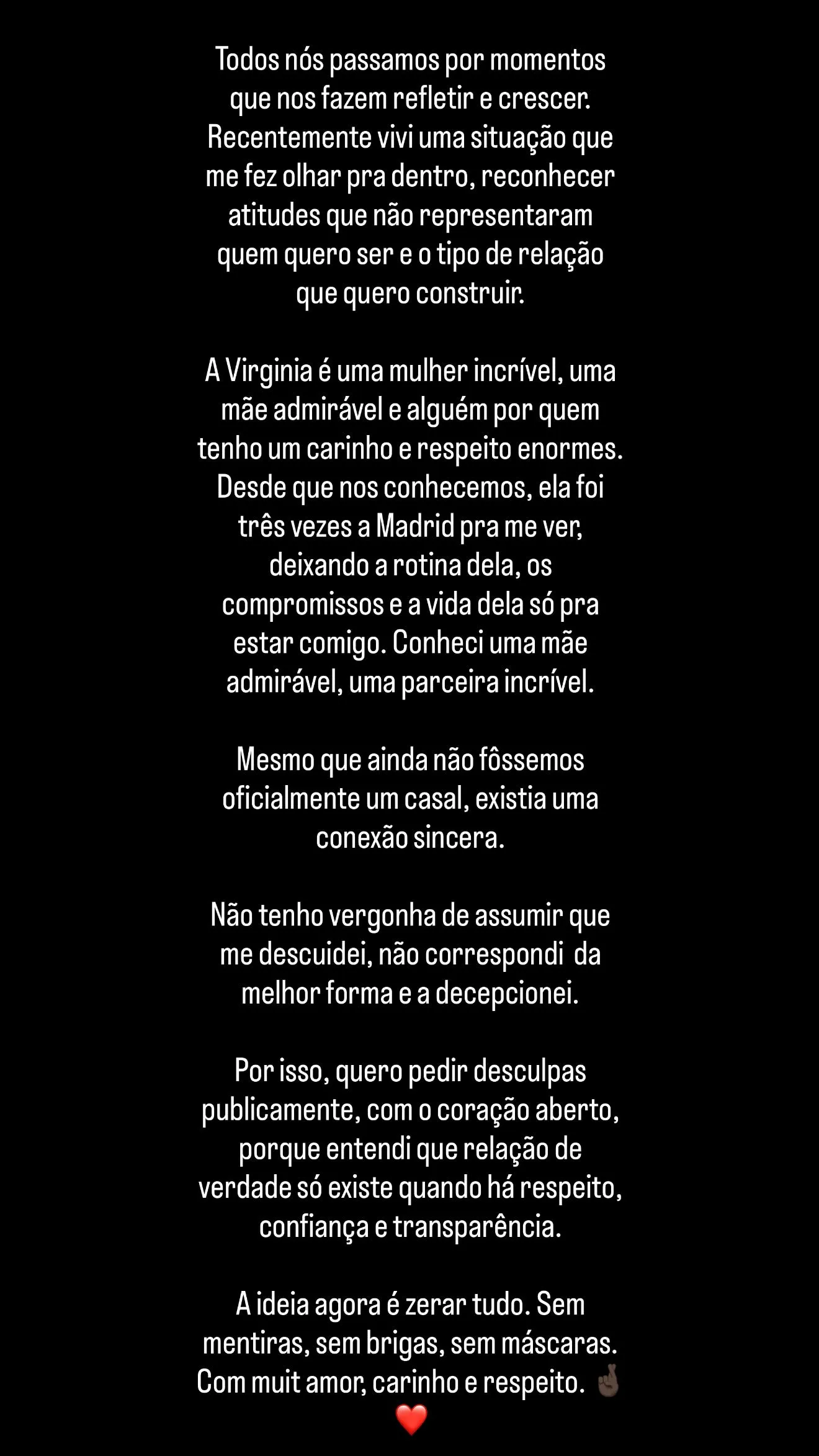 Imagem ilustrativa da imagem Após treta, Vini Jr. pede 'arrego' para Virginia com textão; leia