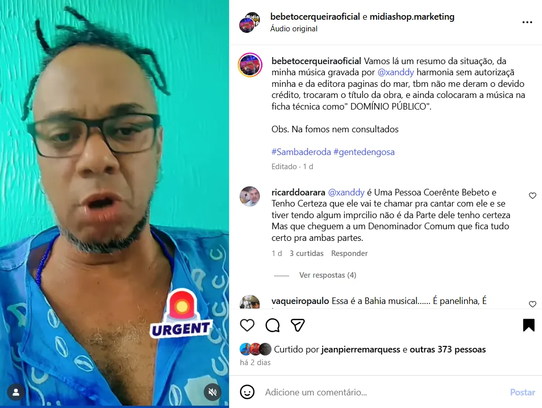 Print da publicação de Bebeto Cerqueira
