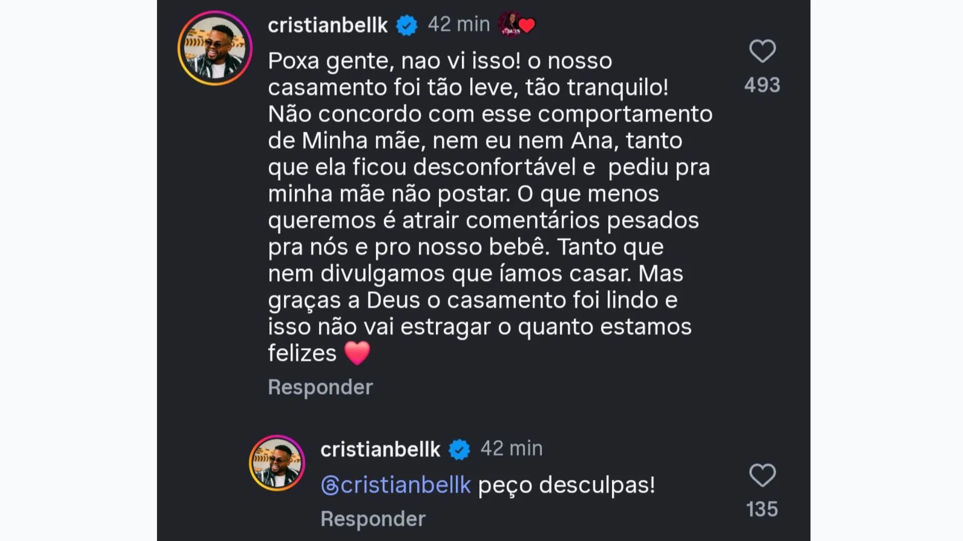 Imagem ilustrativa da imagem Cristian Bell se desculpa por suposta indireta da mãe pra Rafa Moreira