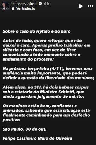 Advogado usou o Instagram para emitir o comunicado