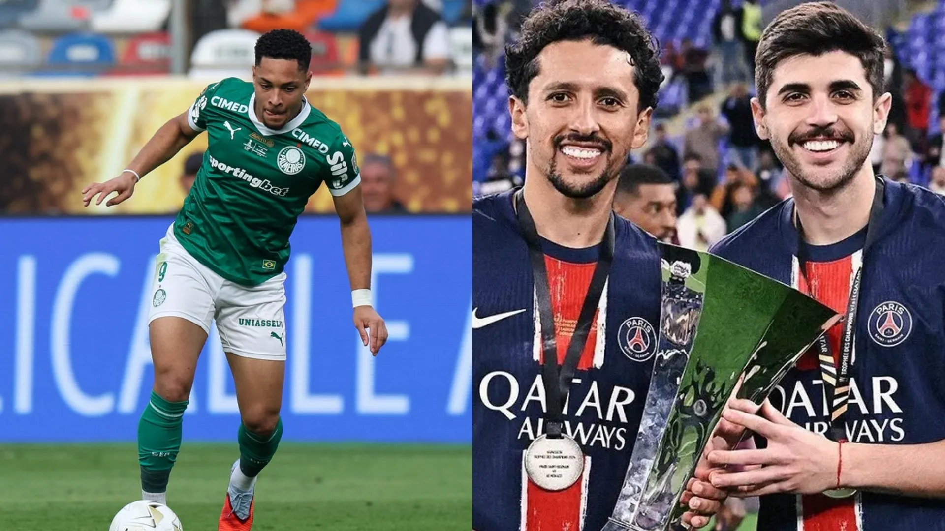 Vitor Roque, atacante do Palmeiras. Marquinhos e Beraldo, zagueiros do PSG