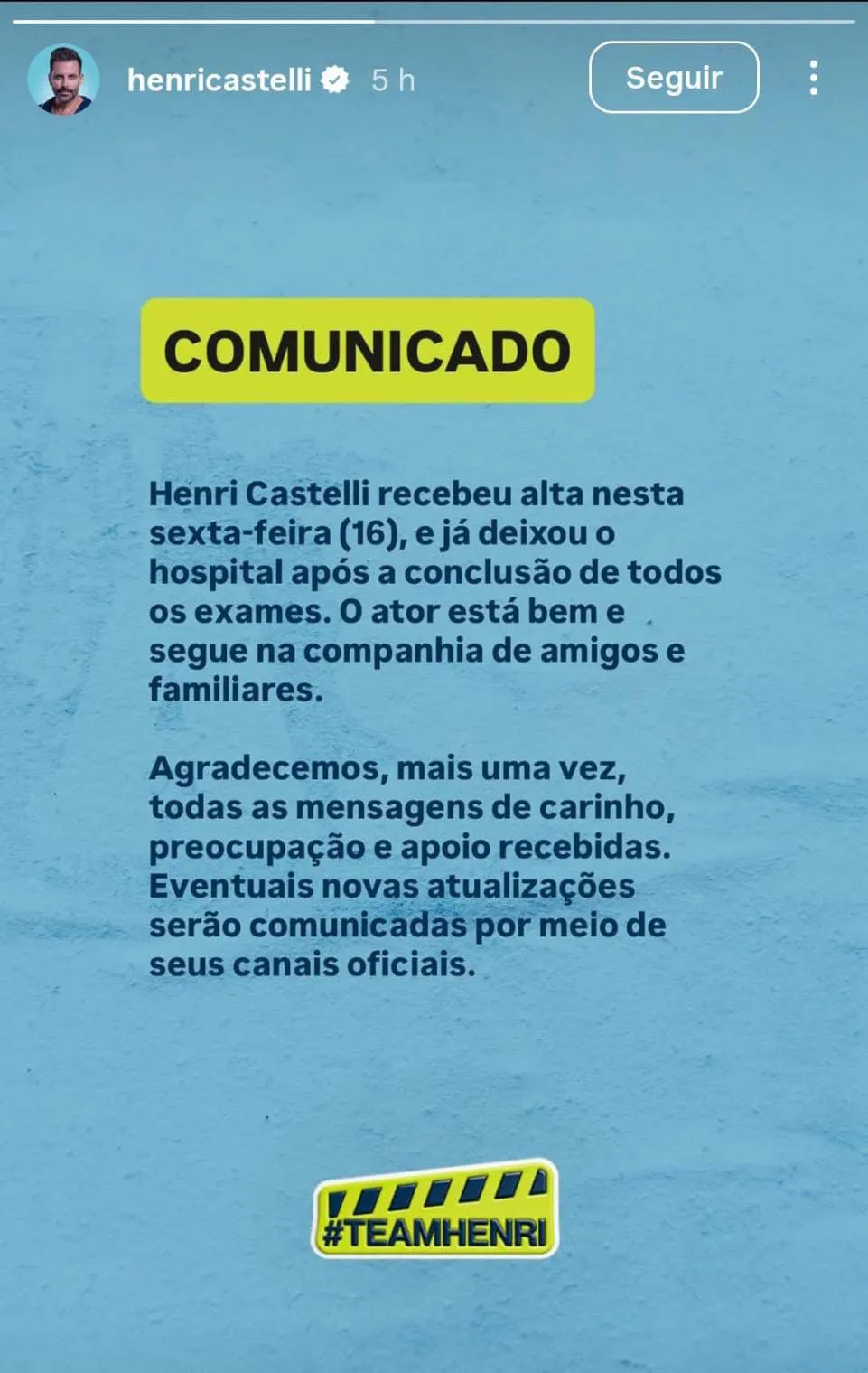 Nota divulga em seu perfil no Instagram @henricastelli