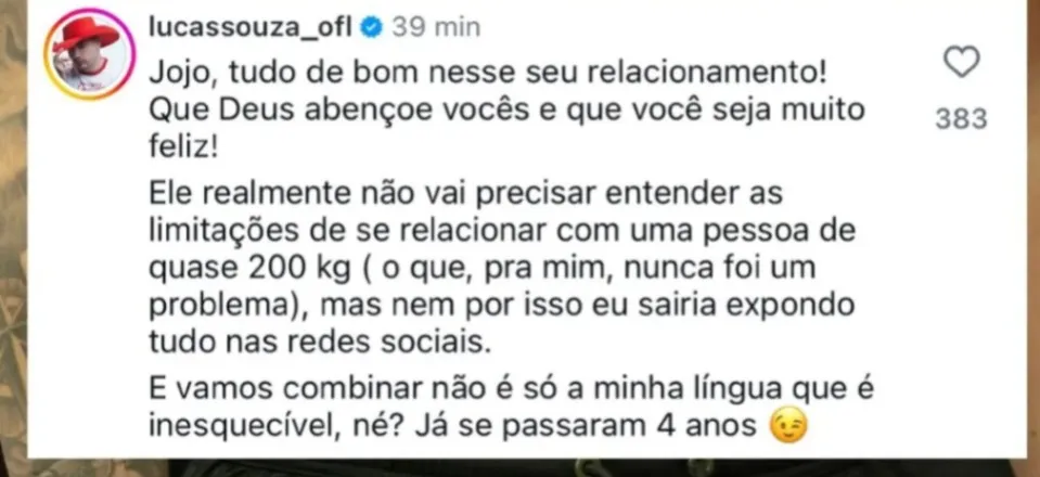 Imagem ilustrativa da imagem Ex de Jojo rebate alfinetada da cantora sobre sexo oral; entenda
