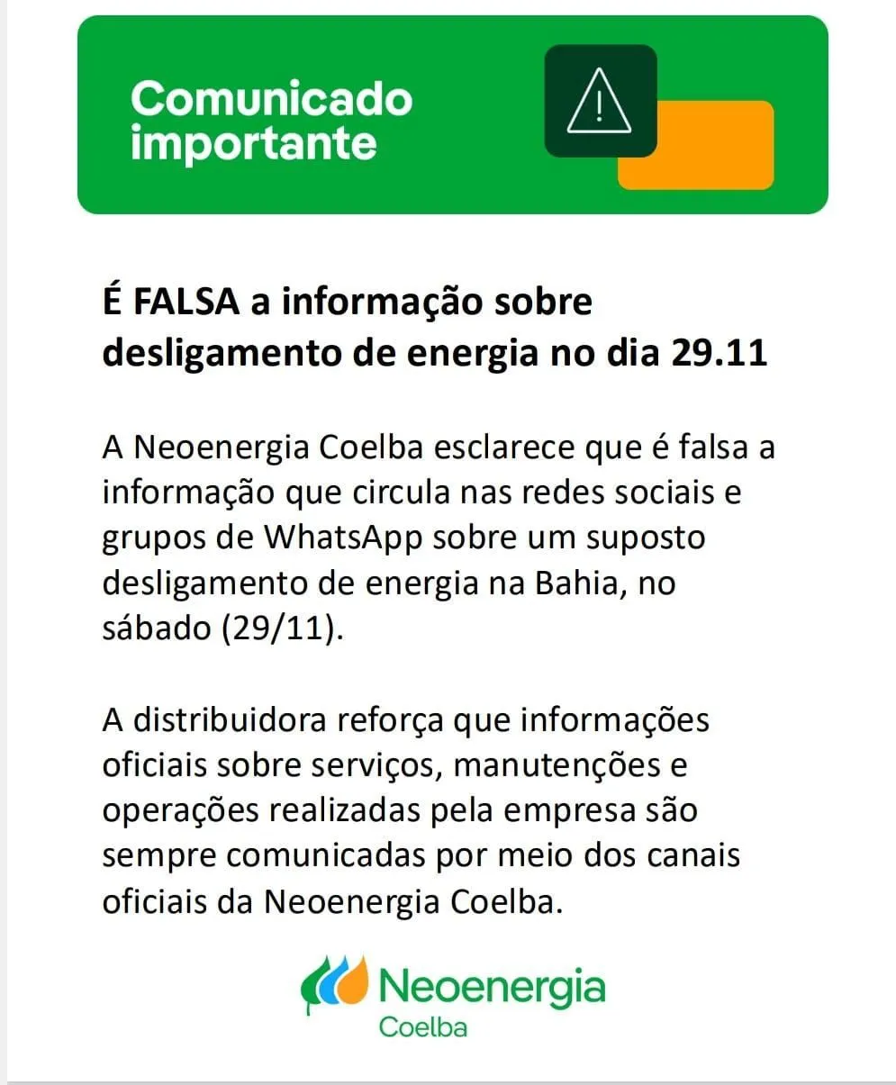 Comunicado oficial da Coelba