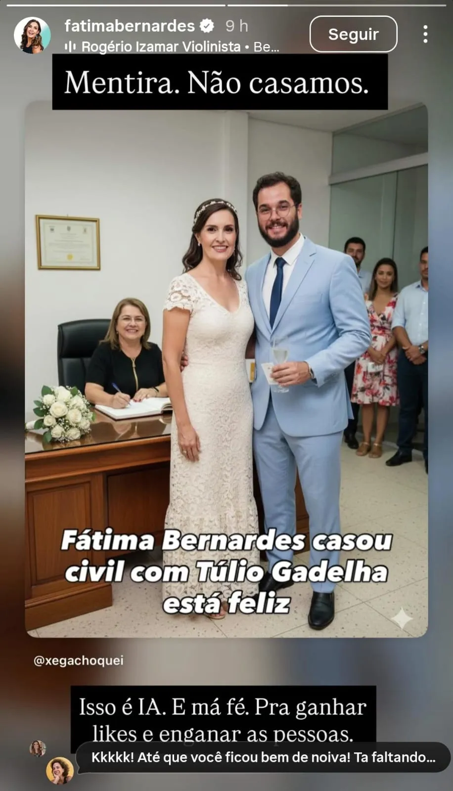 Imagem ilustrativa da imagem Fátima Bernardes pega ar após foto fake sobre casamento