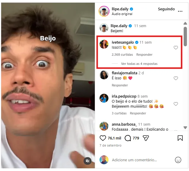 Ivete faz comentário em post de influenciador baiano