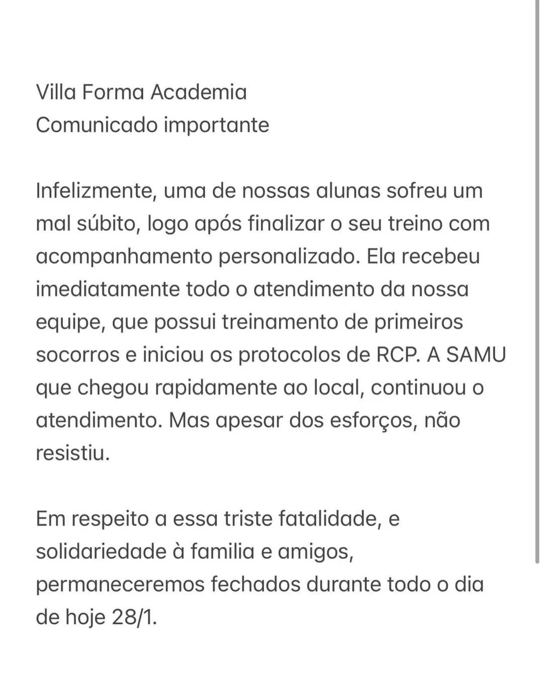 Nota publicada no perfil oficial da academia
