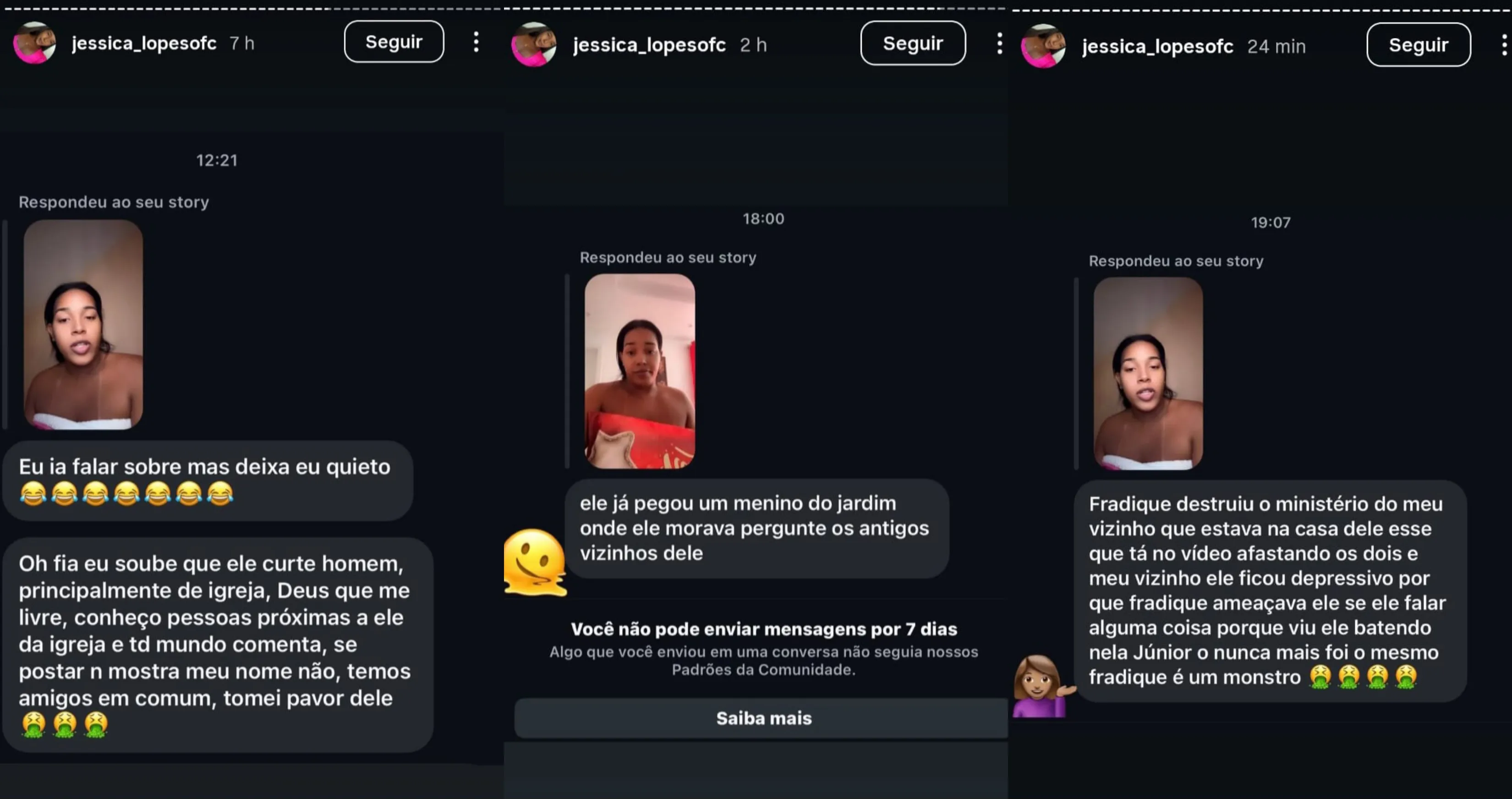 Prints divulgados por Jéssica em seu perfil