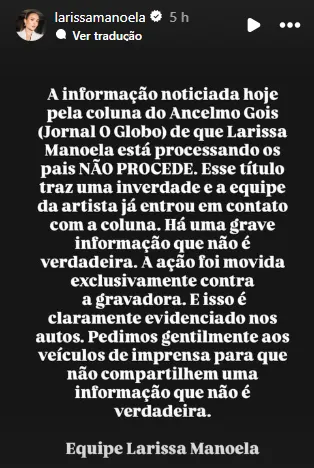 Print da resposta de Larissa Manoela