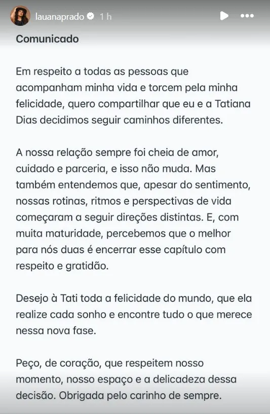 Imagem ilustrativa da imagem Lauana Prado anuncia fim do noivado com Tati Dias