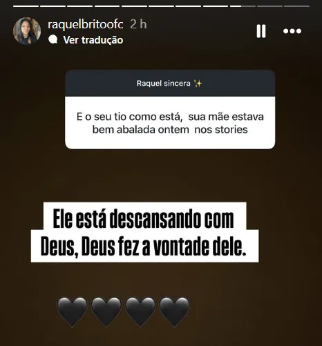 Raquel Brito anuncia morte de familiar