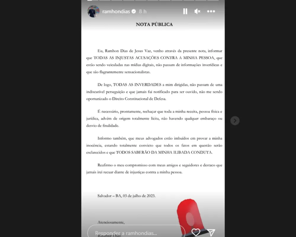 Imagem ilustrativa da imagem Ramhon Dias 'ressurge' no Insta após Justiça decidir futuro de prisão