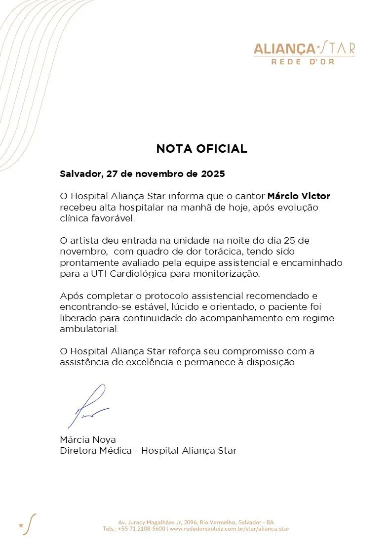 Novo boletim médico divulgado pela assessoria do cantor nesta quinta (27)