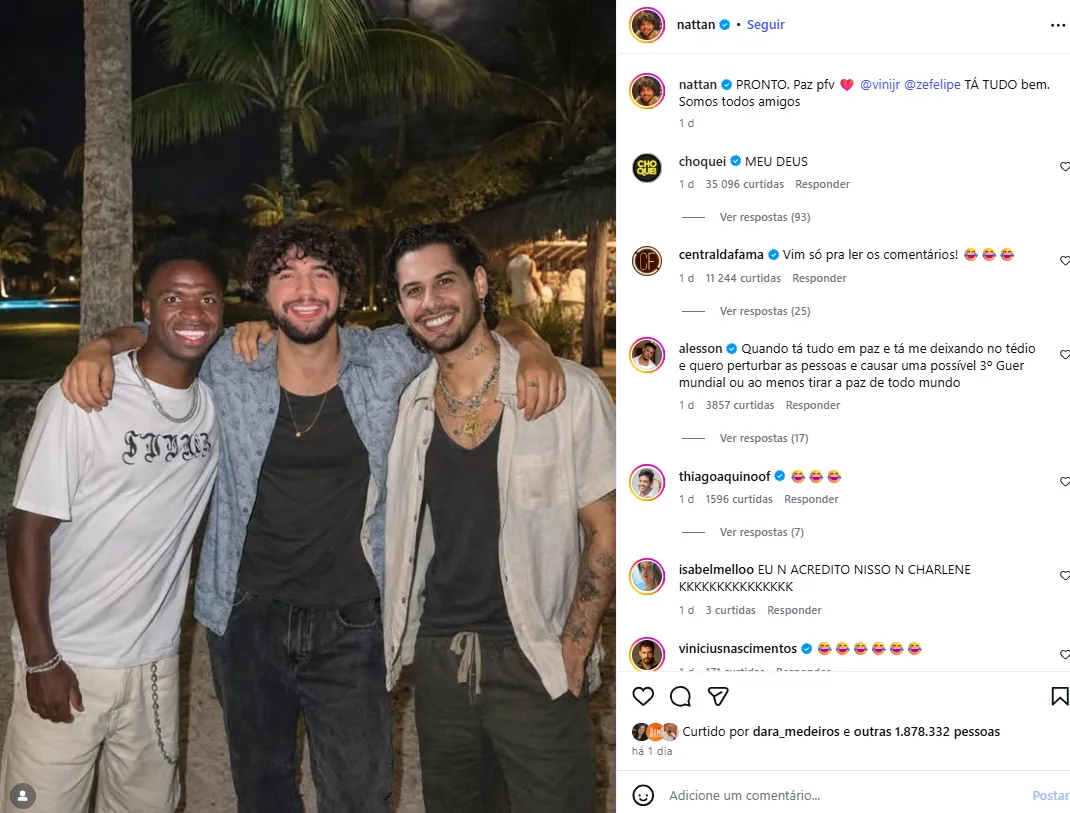 Nattan publicou montagem de foto com Vini Jr. e Zé Felipe