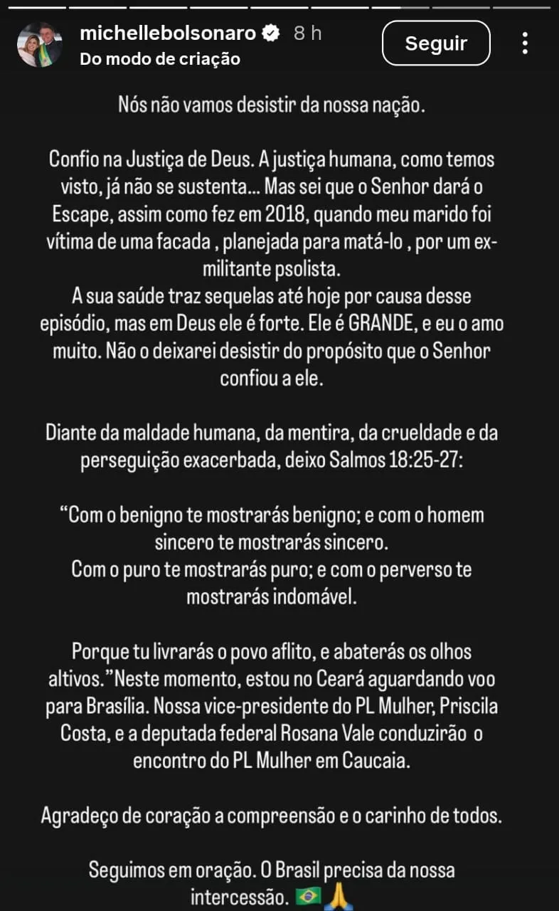 Imagem ilustrativa da imagem Tava aonde, bê? Michelle explica 'sumiço' durante prisão de Bolsonaro