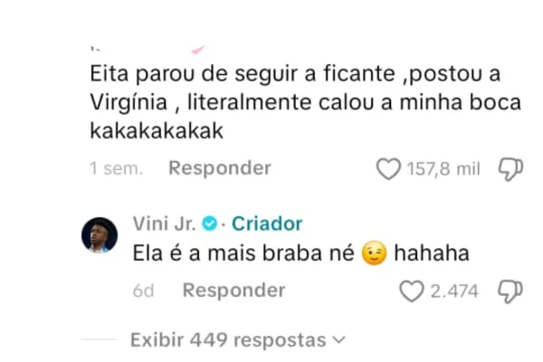 Imagem ilustrativa da imagem Vini Jr. diz que Virgínia tem o 'molho': “A mais braba”