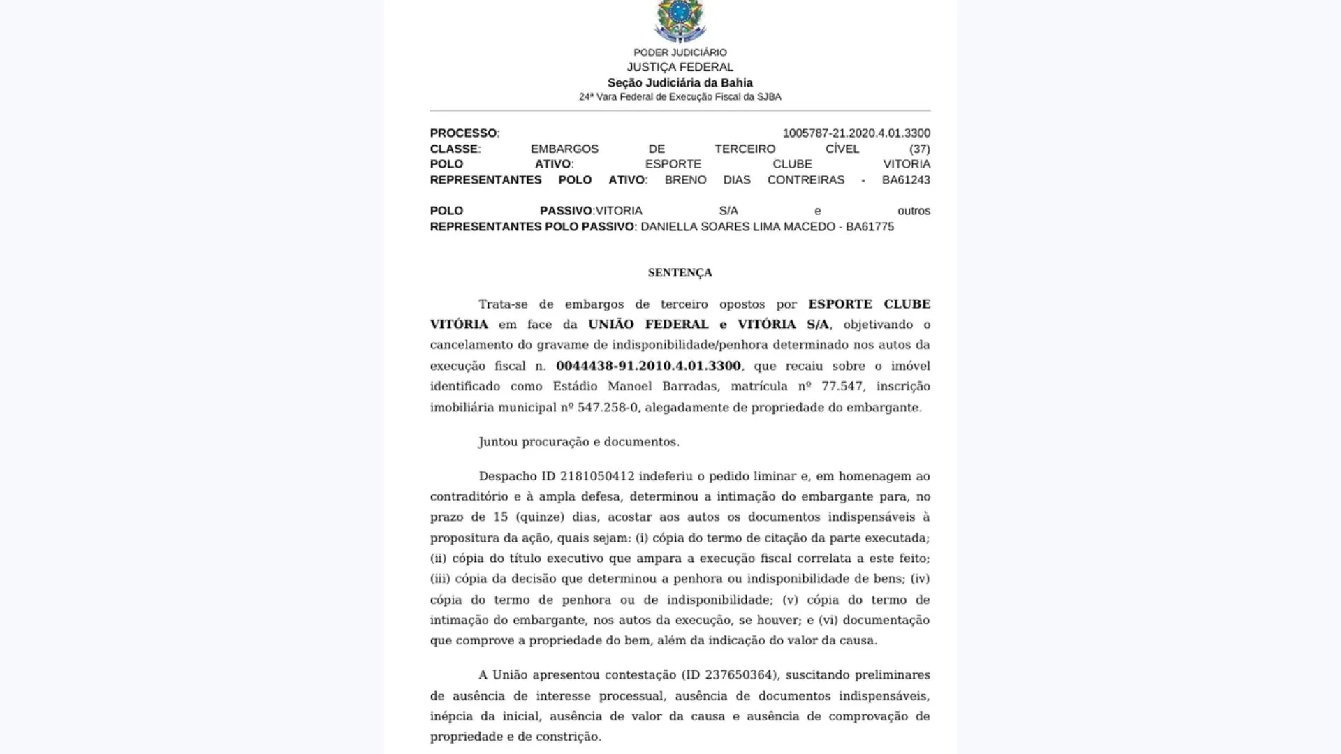 Imagem ilustrativa da imagem Vitória não comprova propriedade e Justiça encerra ação do Barradão