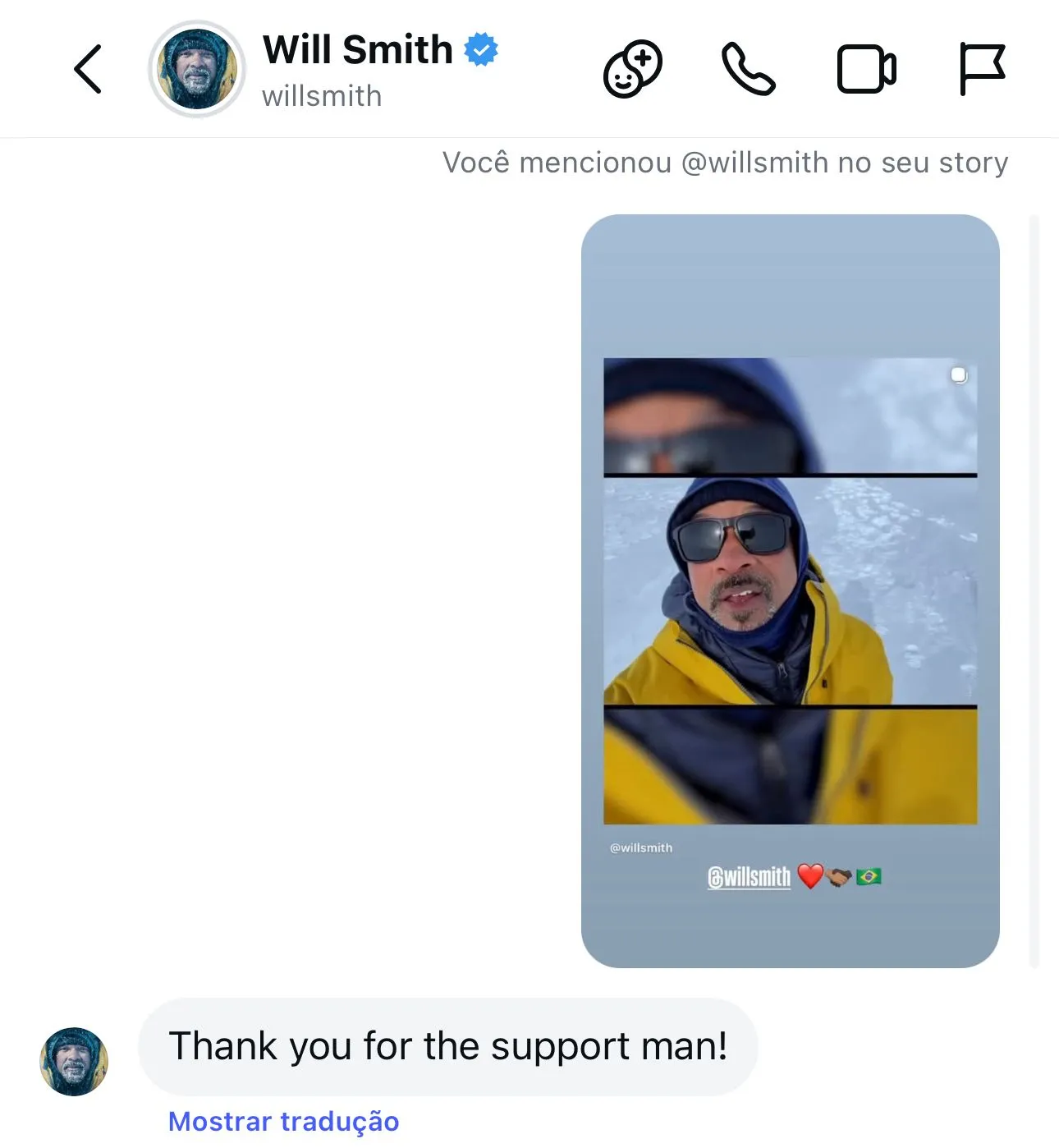 Mensagem enviada por Will Smith ao amigo brasileiro