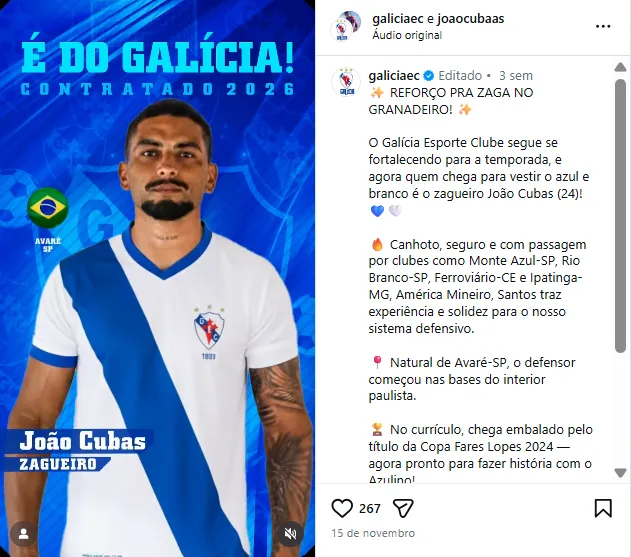 João Cubas é zagueiro no Galícia