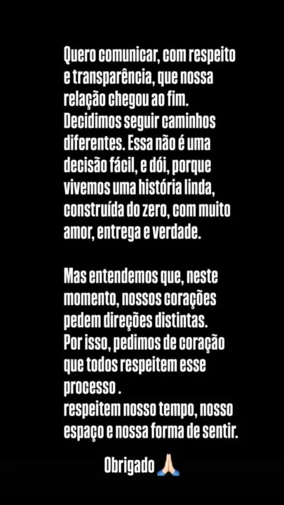 Texto foi publicado nas redes sociais do ex-casal