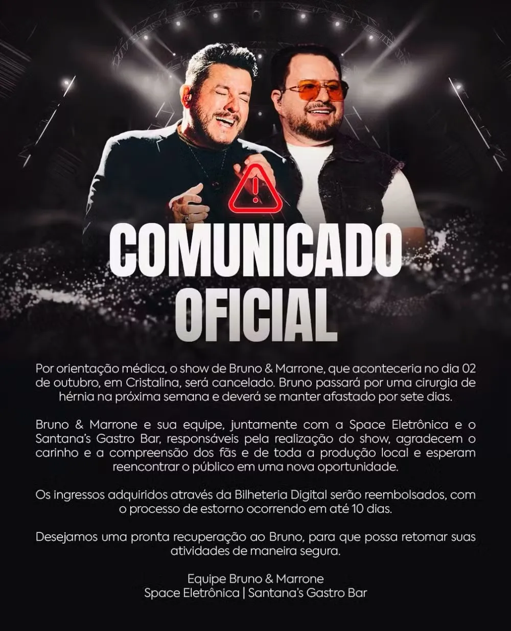 Imagem ilustrativa da imagem Bruno, da dupla com Marrone, cancela show por conta de cirurgia