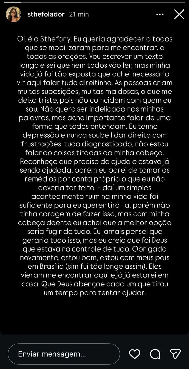 Sthe utilizou das redes sociais para atualizar sobre sue paradeiro