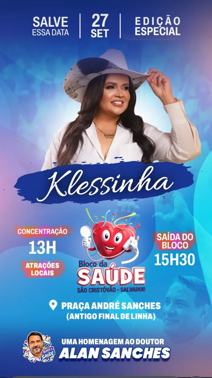 Imagem ilustrativa da imagem Klessinha comanda Bloco da Saúde com show gratuito neste domingo