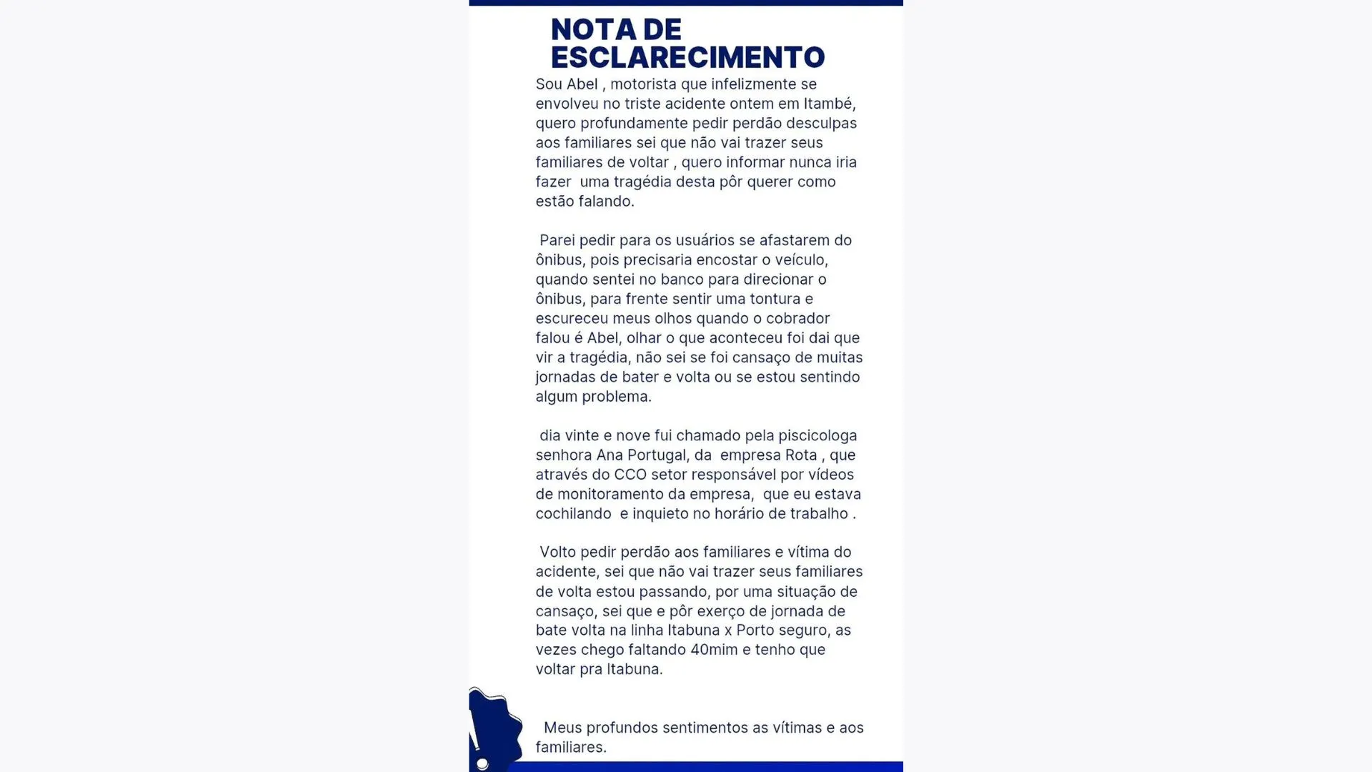 Imagem ilustrativa da imagem Motorista pede perdão após acidente em Itambé e expõe escala exaustiva