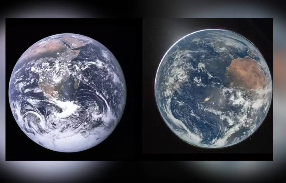 Na esquerda, registro feito em 1972, e à direita, registro feito na missão Artemis II, em 2026.
