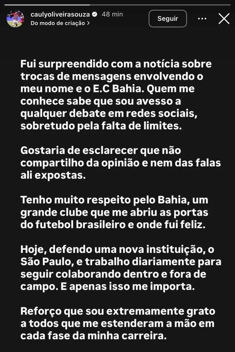 Posicionamento de Cauly Oliveira