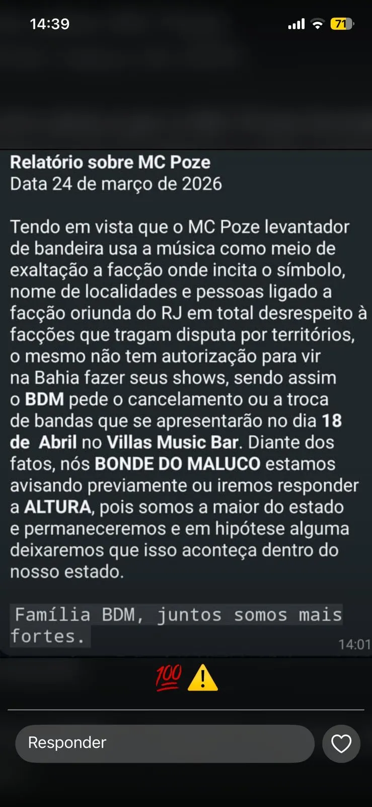 Suposto comunicado de facção criminosa