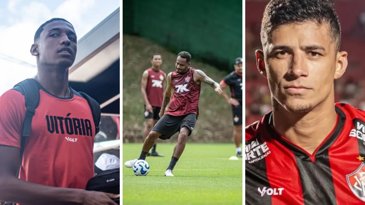 Da esquerda à direita: Kauan, Edu e Camutanga, zagueiros do Vitória.