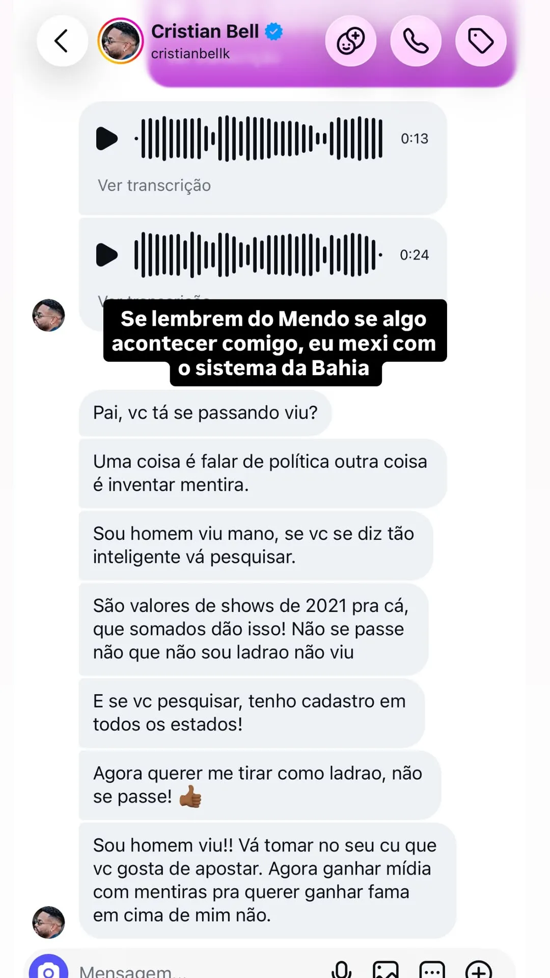 Cristian Bell e Ryan Carvalho conversam no Instagram após polêmica por política