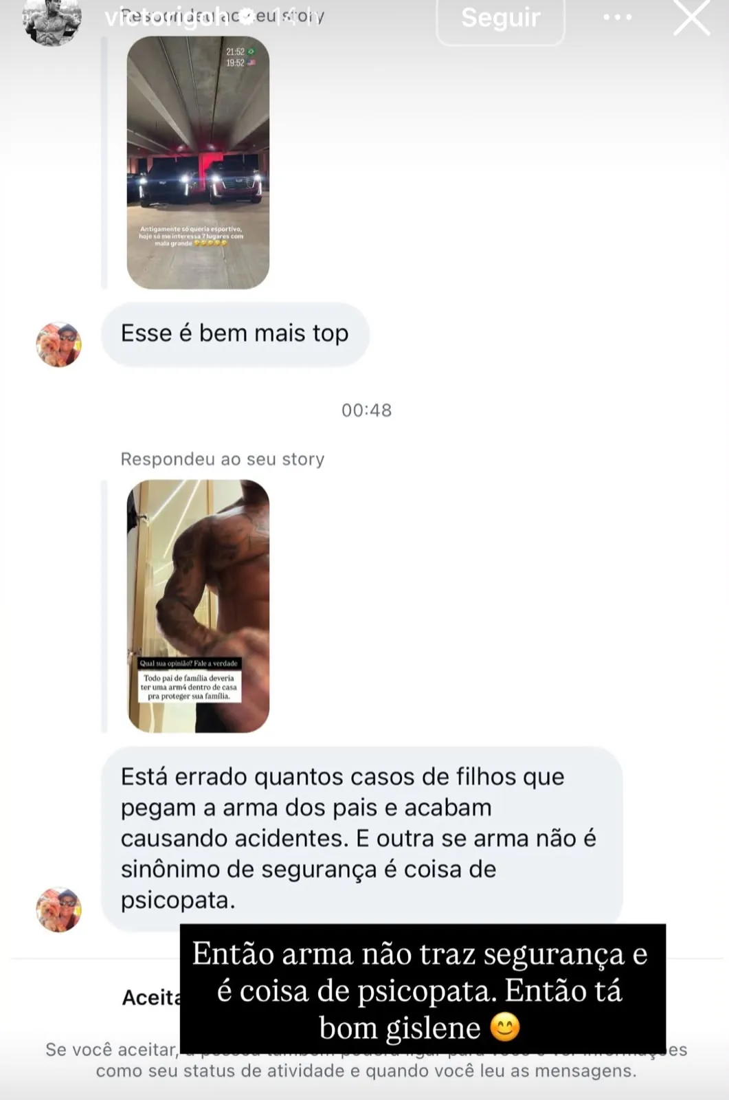 Victor Igoh defende armas e rebate seguidora