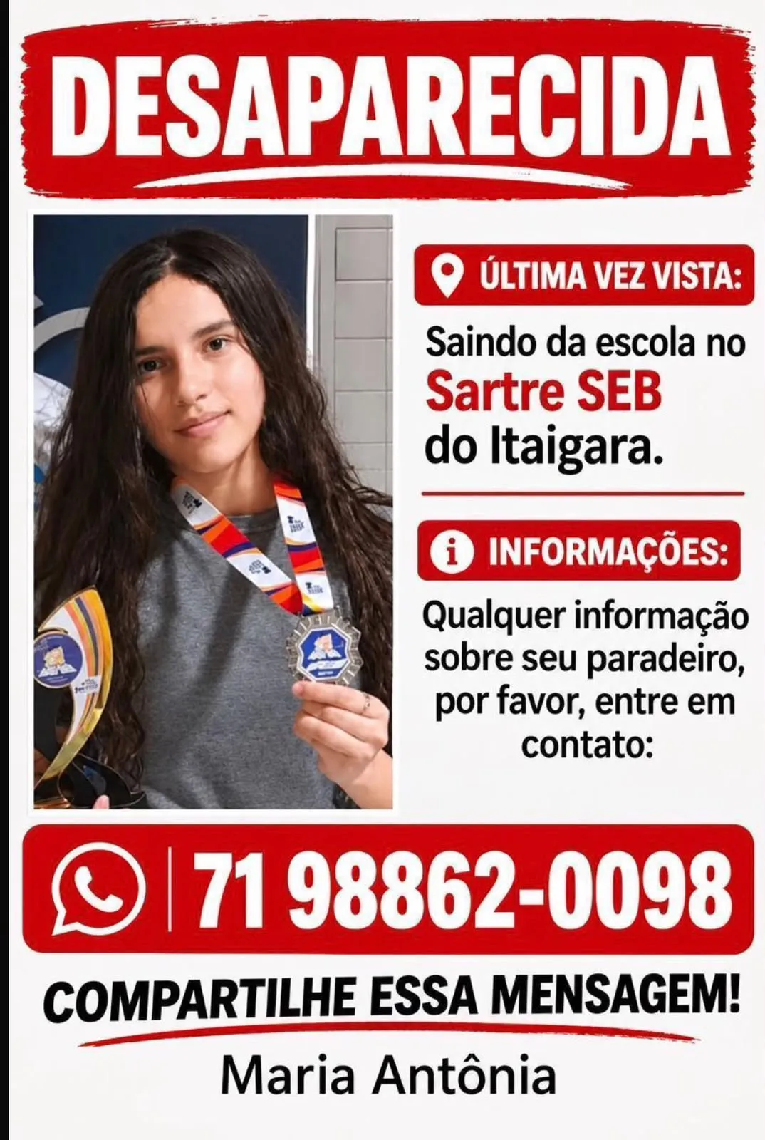 A jovem Maria Antônia sumiu, nesta terça-feira (20), no bairro do Itaigara, em Salvador